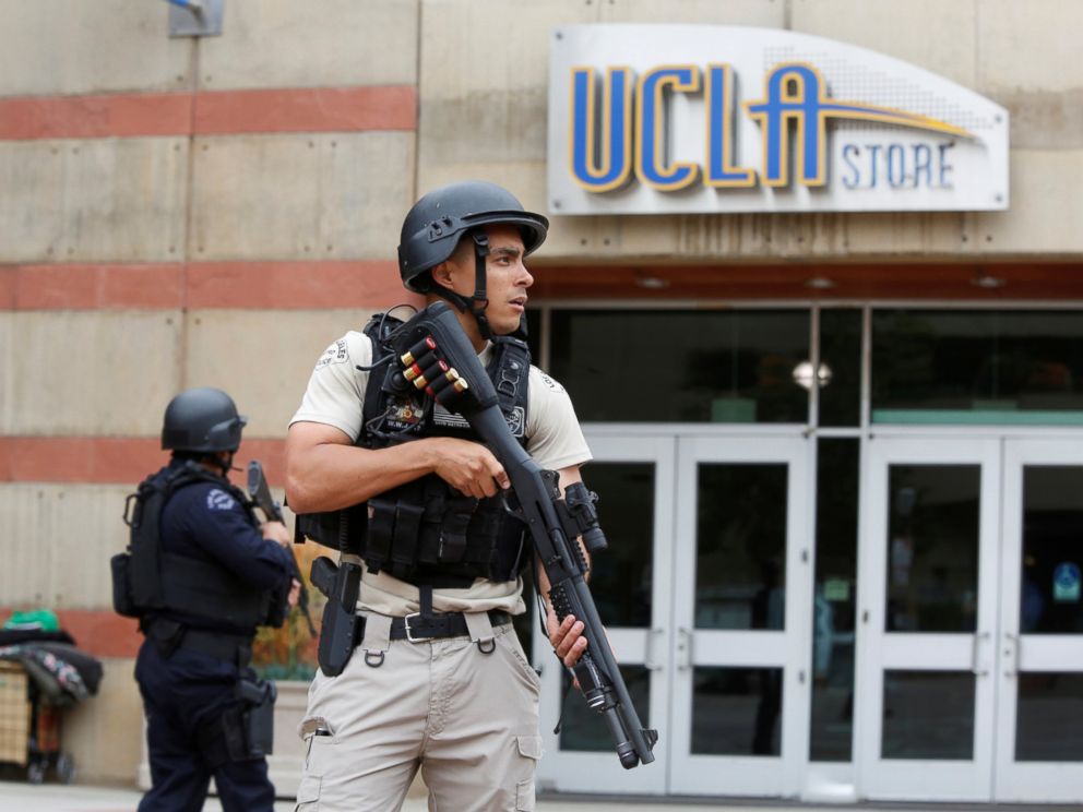 PHOTO: A Los Angeles Metro Police officer stands watch on the University of California, Los Angeles campus after it was placed on lockdown following reports of a shooter in Los Angeles, June 1, 2016.