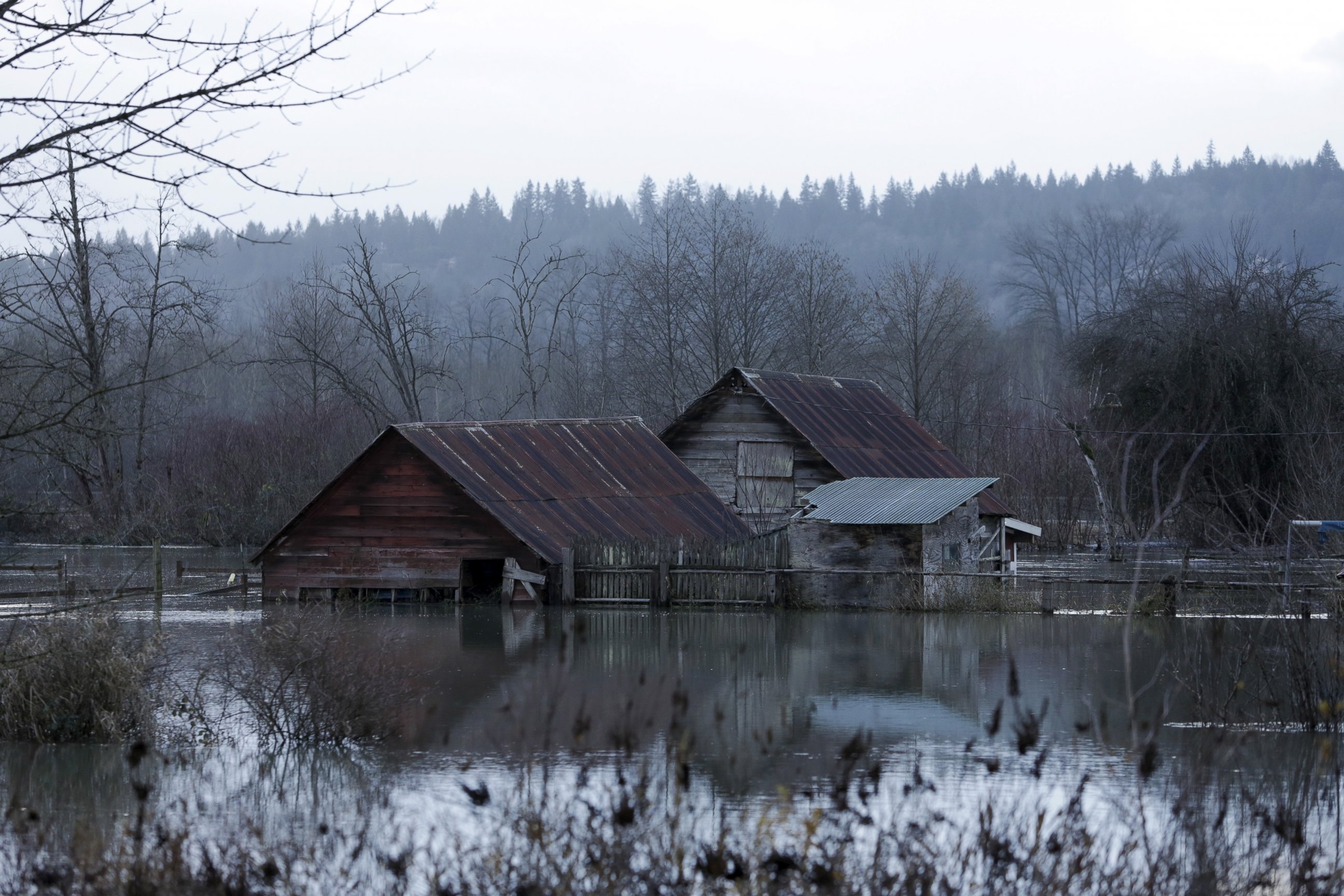 PHOTO:Flood waters of the Snoqualmie River surround a structure off State Route 203 during a storm in Carnation, Wash., Dec. 9, 2015.  