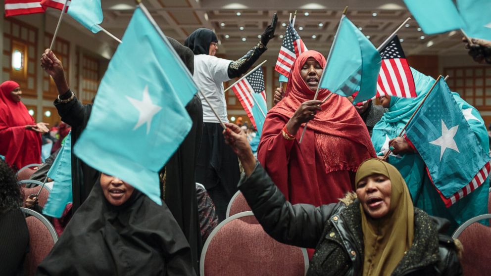 Thousands gather at the Minneapolis Convention Center to celebrate the first newly elected president that Somali has seen in decades, Mohamed Abdullahi Farmajo, Feb. 26, 2017, Minneapolis.