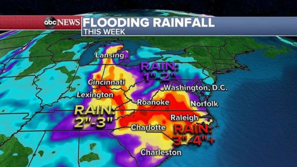 PHOTO: As this storm system stalls the rest of the week in the Ohio Valley and into the Carolinas, more flooding is expected. An additional 2 to 4 inches of rain is being forecast for the Midwest and more than 4 inches for the Carolinas. 