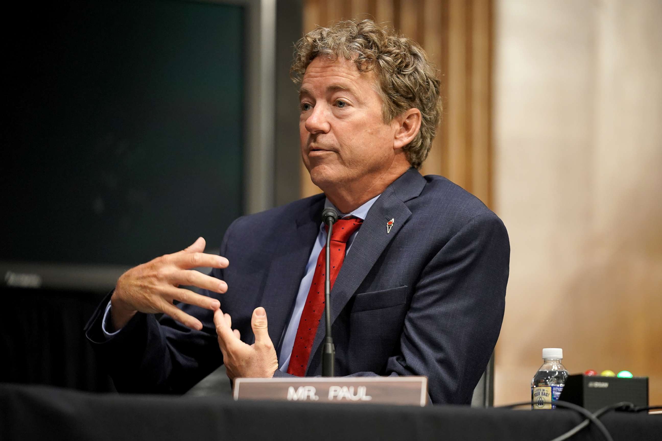 PHOTO: Senator Rand Paul (R-KY) asks a question to Secretary of State Mike Pompeo during a Senate Foreign Relations Committee hearing on the State Department's 2021 budget, in the Dirksen Senate Office Building, in Washington, D.C., U.S., July 30, 2020.
