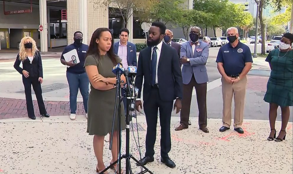 PHOTO: LaToya Ratlieff talks about being shot by police with rubber bullet at Black Lives Matter protest in May of 2020, during a press conference on Feb. 26, 2021, in Fort Lauderdale, Fla.