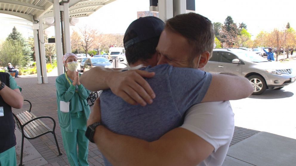 PHOTO: Raul Pero reunited with his husband, Aaron Guiseffe, on May 8 after a weeks-long battle with COVID-19.  