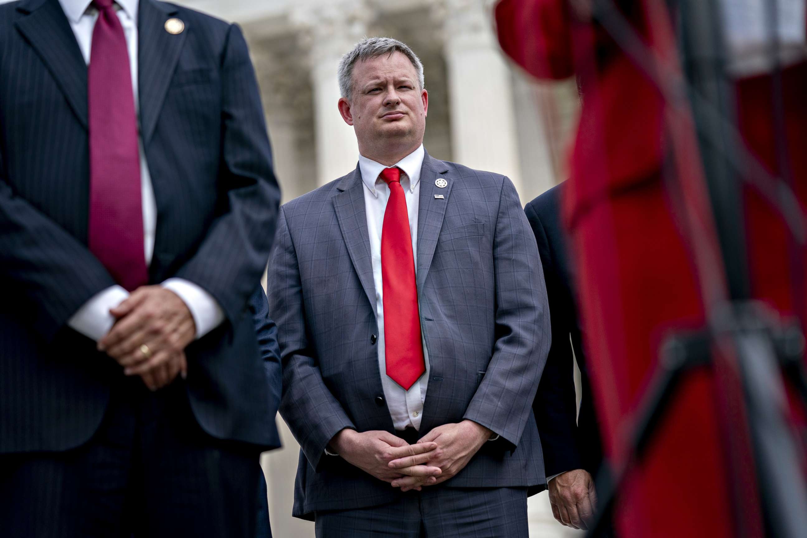 PHOTO: Jason Ravnsborg, South Dakota attorney general, listens during a news conference outside the Supreme Court, Sept. 9, 2019.