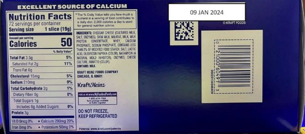 PHOTO: Food company Kraft Heinz has issued a voluntary recall on Tuesday, Sept. 19, 2023, after nearly 84,000 slices of processed individually-wrapped American cheese were deemed to potentially contain choking hazards.