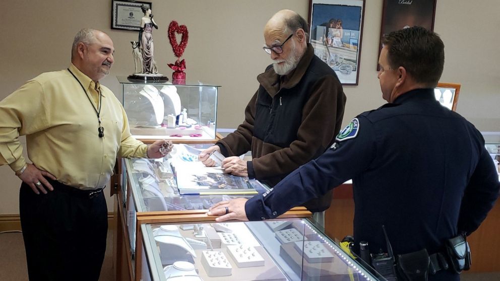 PHOTO: David Eaton got the surprise of his life from Irvine Police Officer Brian Smith and jeweler Harry Mardirossian after they worked for over a month to re-create his lost wedding ring and surprise him on Feb. 4, 2020.