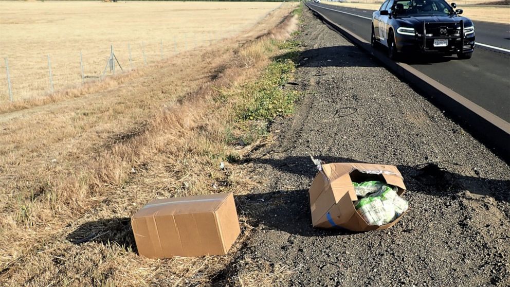 PHOTO: A California Highway Patrol officer’s K9 partner Beny was able to alert the authorities to the odor of narcotics on the recovered currency after a police chase on May 1, 2020 in Merced County, California. 