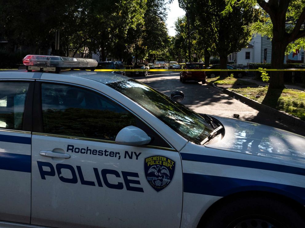 PHOTO: ROCHESTER, NY - SEPTEMBER 19: Police tape lines a crime scene after a shooting at a backyard party on September 19, 2020, Rochester, New York. 