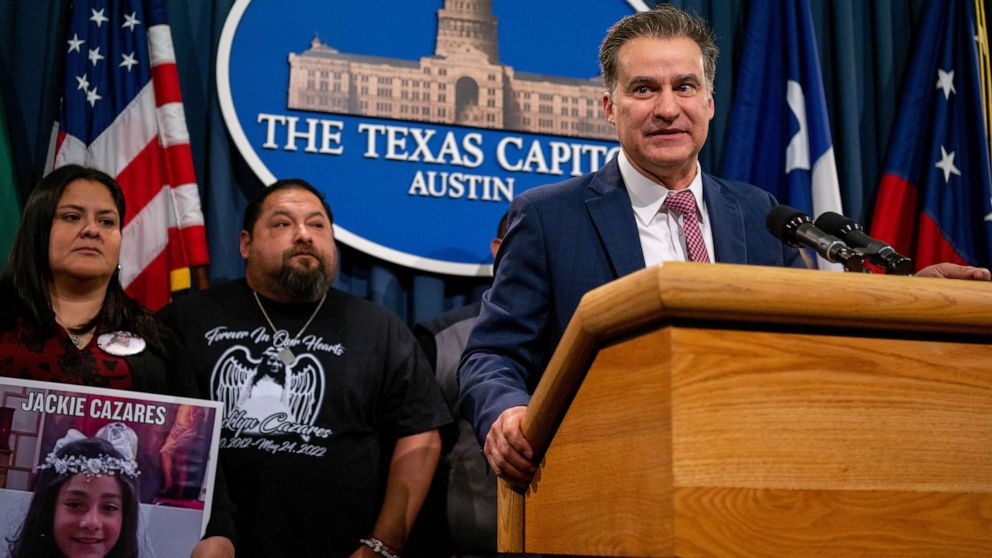 PHOTO: State Sen. Roland Gutierrez speaks during a news conference at the Texas State Capitol, Jan. 24, 2023, in Austin, Texas.