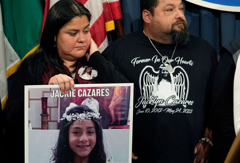 PHOTO: Gloria and Javier Cazares, hold a photo of their daughter Jackie, who was one of 19 children killed by a gunman at Robb Elementary School in Uvalde, Texas, during a news conference at the Texas Capitol in Austin, Texas, Jan. 24, 2023.