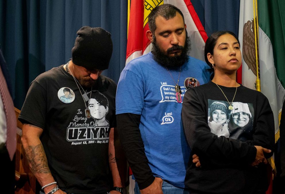 PHOTO: The families' of 10-year-year old Lexi Rubio and 11-year-old Uziyah Garcia stand together during a news conference at the Texas State Capitol on Jan. 24, 2023, in Austin, Texas.