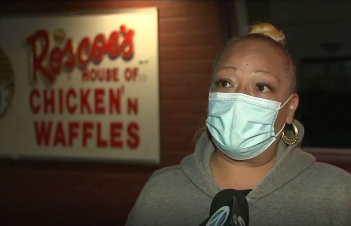 Angela Prieto, manager of Roscoe's House of Chicken and Waffles, in Pasadena, California speaks to ABC News' Los Angeles station KABC on Feb. 3 following an incident where a man allegedly held up the kitchen at gunpoint before robbing the place of food.