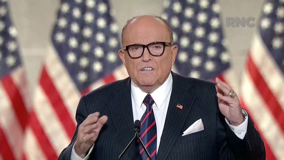 PHOTO: Rudy Giuliani, former New York City Mayor and personal attorney to U.S. President Donald Trump, speaks during the largely virtual 2020 Republican National Convention broadcast from Washington, U.S., August 27, 2020. 2020 