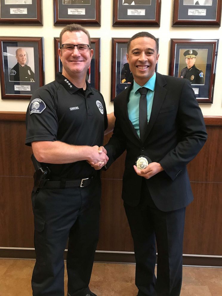 PHOTO: Officer Ryan Tillman is pictured with Chino Police Department Chief Wes Simmons after being promoted to corporal.