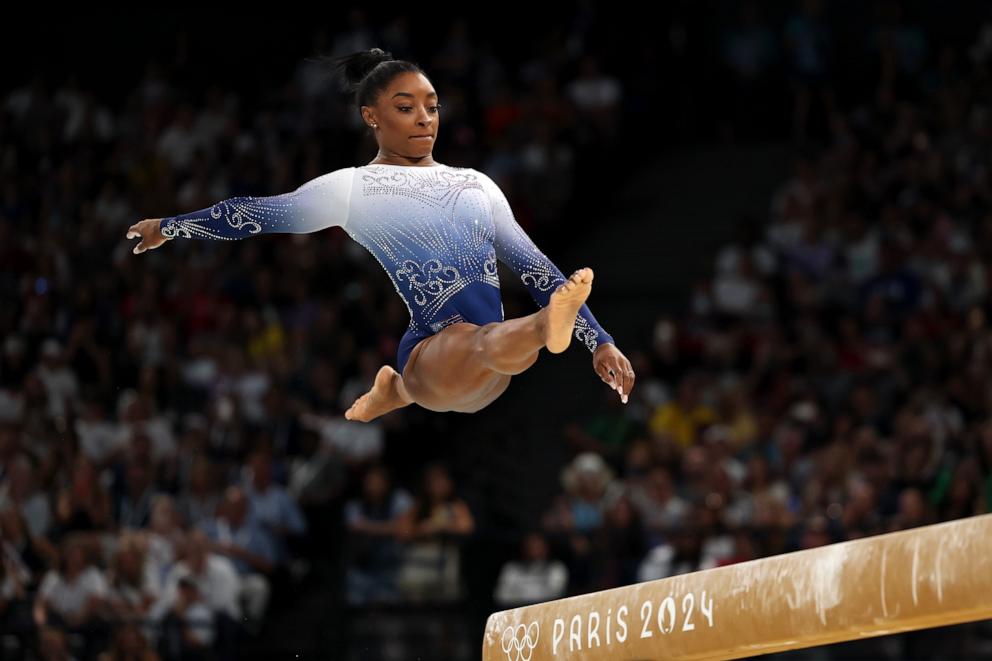 PHOTO: Simone Biles of Team United States warms up prior to the Artistic Gymnastics Women's Balance Beam Final on day ten of the Olympic Games Paris 2024 at Bercy Arena on August 05, 2024 in Paris, France. 