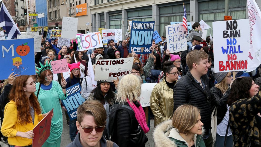 Thousands gather in Pershing Square for the Free the People Immigration March in Los Angeles, Feb. 18, 2017.