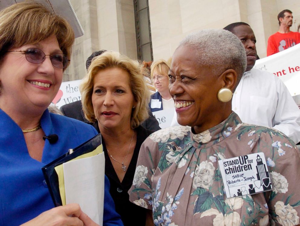PHOTO: Gov. Kathleen Blanco, left, talks with Sadie Roberts-Joseph, right, before a rally on the steps of the state Capitol in Batobn Rouge, La., in April 2004.