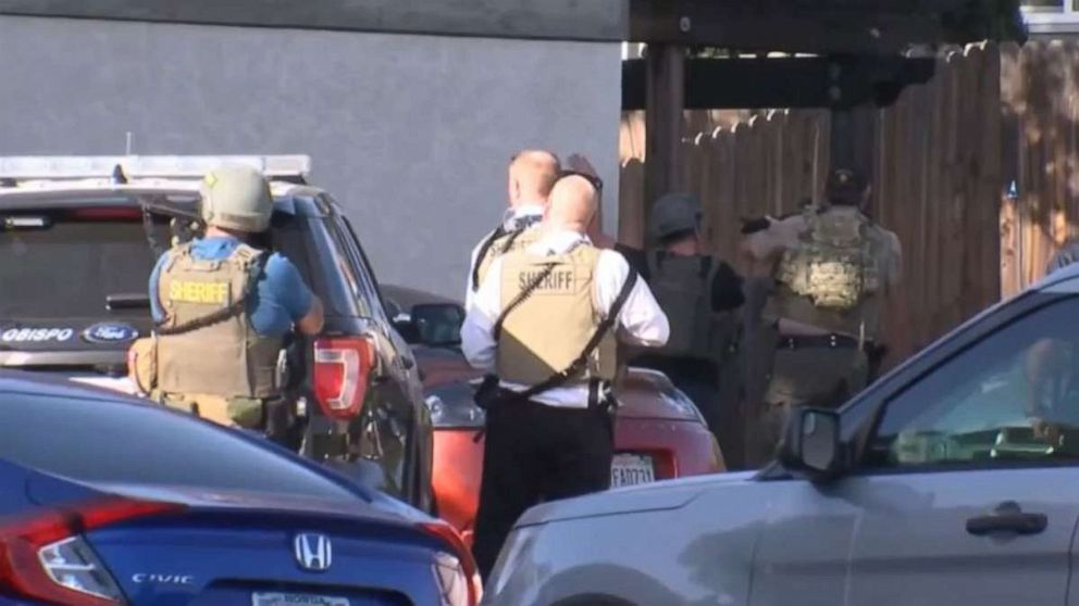 PHOTO: A California police officer has been killed in the line of duty and another one injured after they were shot while serving a search warrant at approximately 5:30 p.m. at an apartment complex in San Luis Obispo, California on May 10, 2021. 
