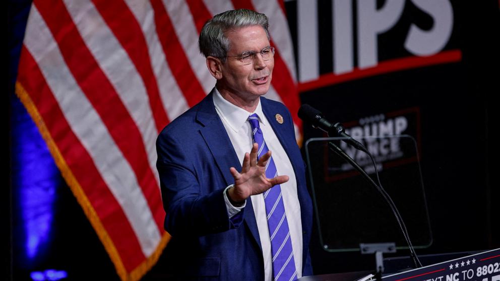 PHOTO: Key Square Group founder Scott Bessent speaks at a campaign event for Republican presidential nominee and former U.S. President Donald Trump in Asheville, North Carolina, Aug. 14, 2024. 