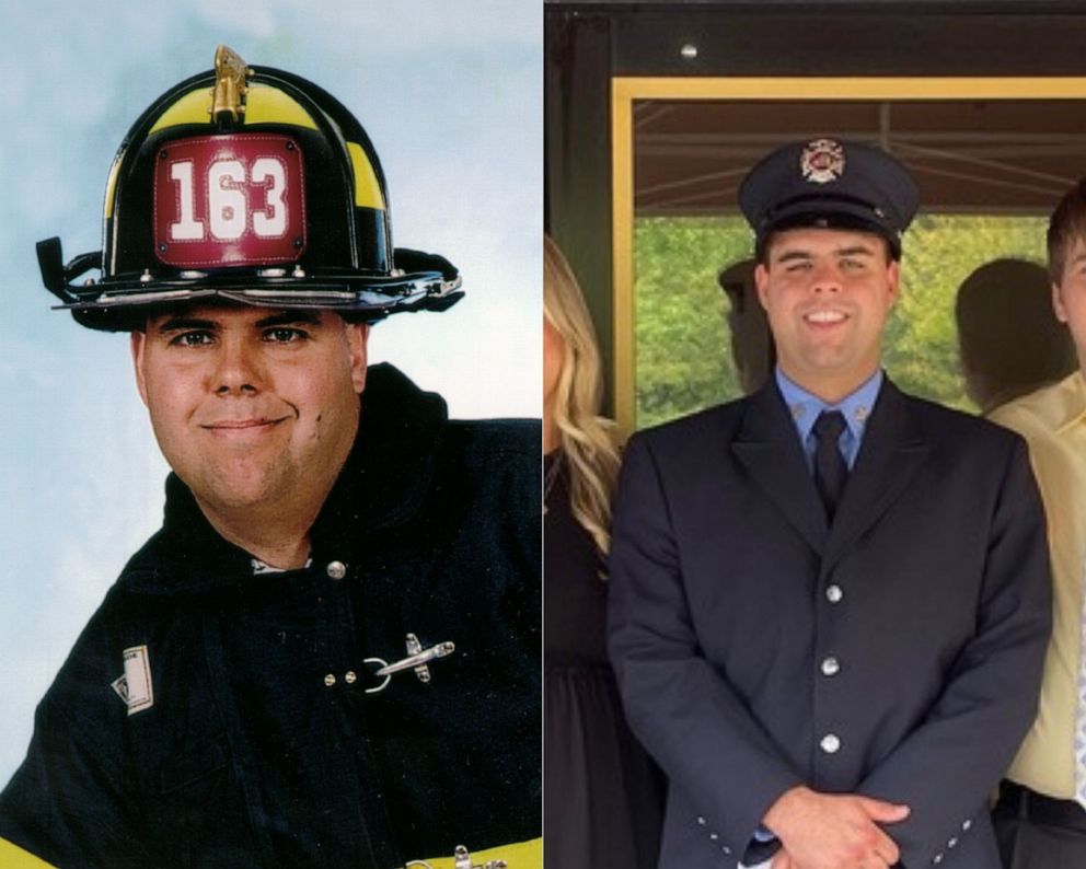 PHOTO: New York City Fire Department deputy firefighter Scott Andrew Larsen pictured alongside a recent photo of his son Scott Brian Larsen.