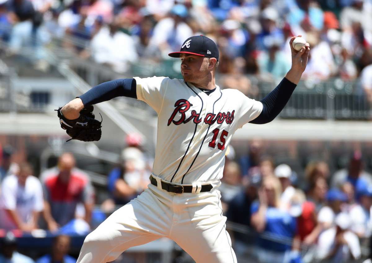 PHOTO: Atlanta Braves starting pitcher Sean Newcomb on the mound against the Los Angeles Dodgers during the first inning at SunTrust Park. 