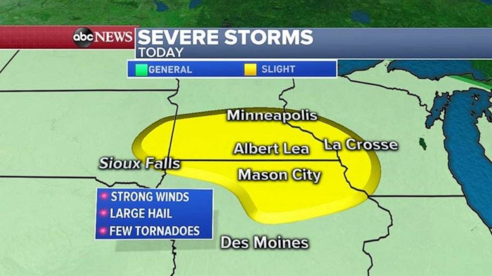 PHOTO: Severe storms will move into the Midwest from South Dakota, to Minnesota, Iowa and Wisconsin. 