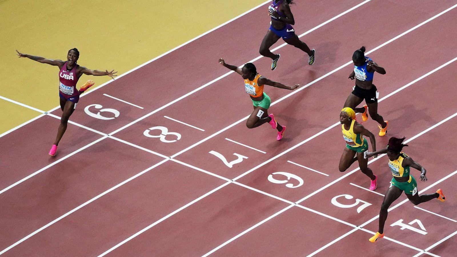 PHOTO: USA's Sha'Carri Richardson celebrates after winning the women's 100m final during the World Athletics Championships in Budapest on Aug. 21, 2023.