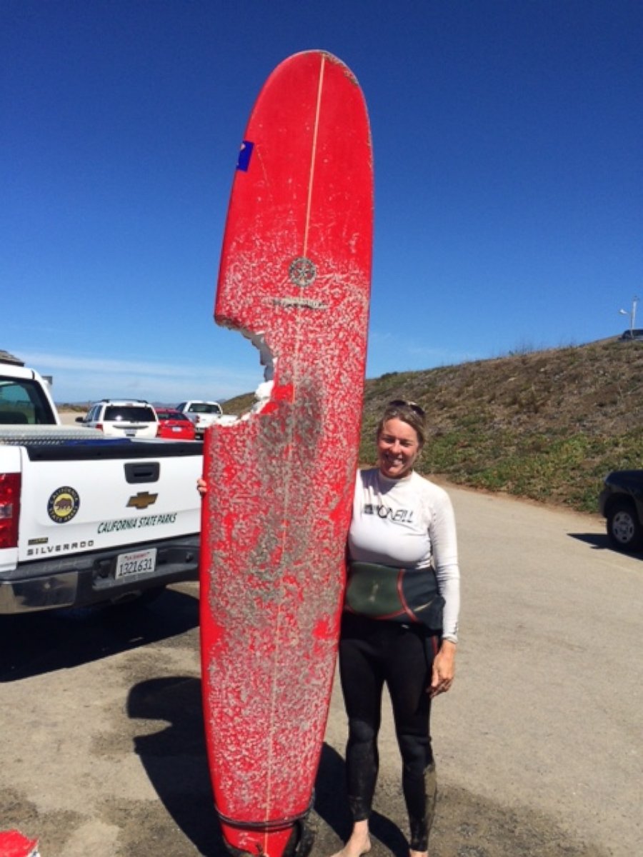 PHOTO: Surfer Elinor Dempsey with her surfboard. Dempsey had an encounter with a marine animal at Morro Strand Campground in California on August 29, 2015, that later turned out to be a six-foot long shark. 