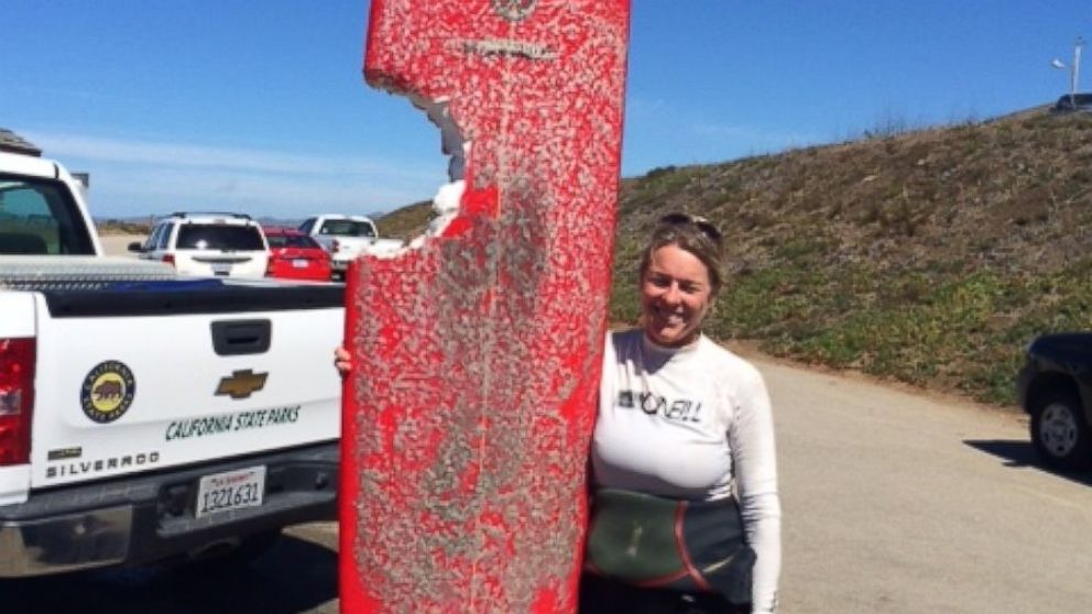 PHOTO: Surfer Elinor Dempsey with her surfboard. Dempsey had an encounter with a marine animal at Morro Strand Campground in California on August 29, 2015, that later turned out to be a six-foot long shark. 