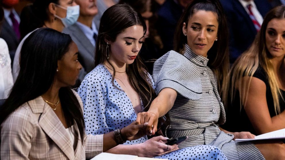FILE PHOTO: U.S. Olympic gymnasts Simone Biles, McKayla Maroney, Aly Raisman and Maggie Nichols testify during a Senate Judiciary hearing about the Larry Nassar investigation of sexual abuse in Washington, D.C., on Sept. 15, 2021. 