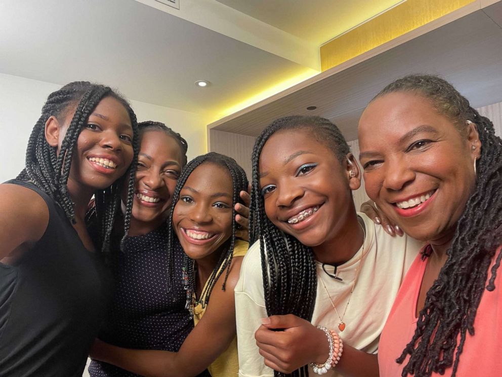 PHOTO: "Sisters on Track" stars Tai, Rainn, and Brooke Sheppard along with their mother, Tonia Handy, and Jeuness Track Club coach Jean Bell join "The View" on Tuesday, June 29, 2021.