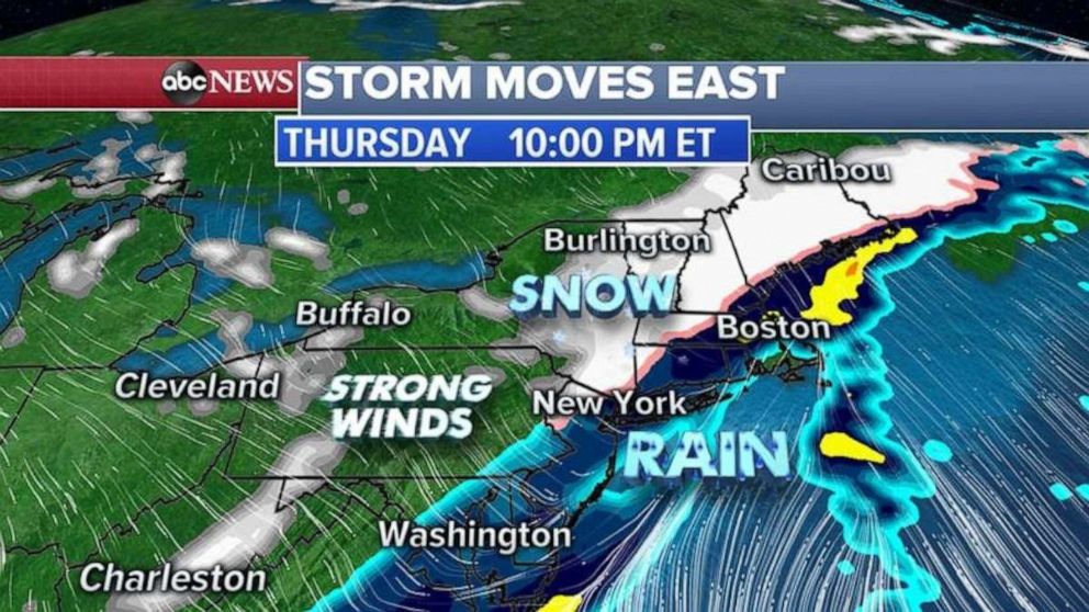 PHOTO: By Thursday late afternoon, this cold front will move into the Northeast changing rain to snow for central Pennsylvania, upstate New York and into New England.