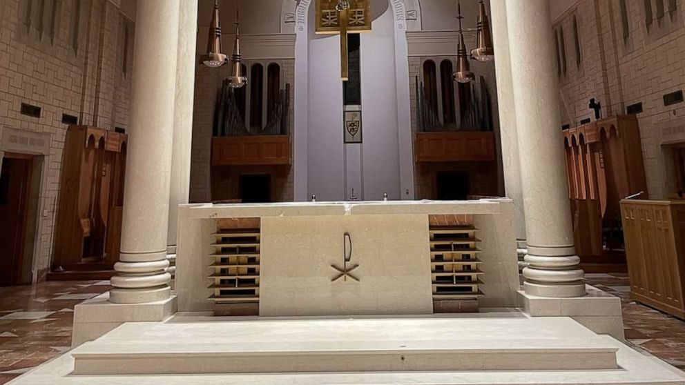 PHOTO: A view of the altar in the Subiaco Abbey Church after its altar was damaged.