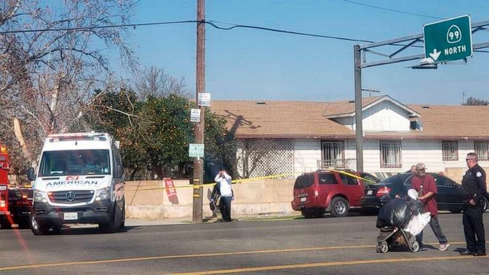 PHOTO: In this Saturday, Feb. 1, 2020 image from video, Fresno Police investigate a shooting in Fresno, Calif. Police say an argument about the Super Bowl led up to the shooting. 