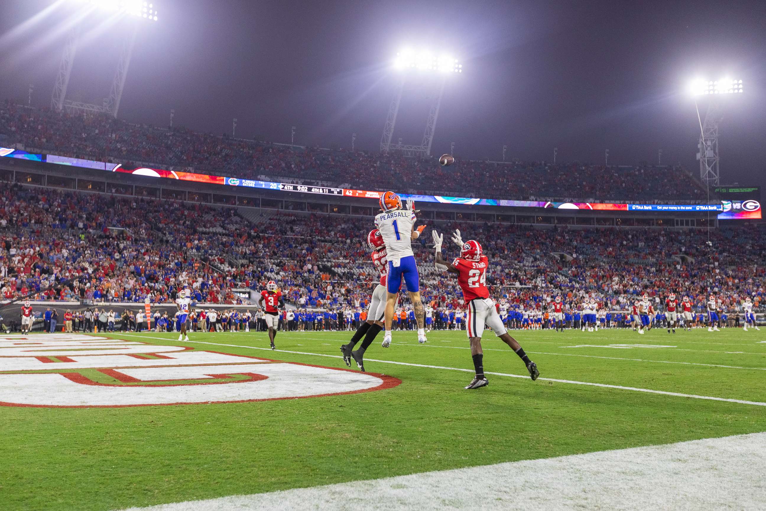 PHOTO: Ricky Pearsall of the Florida Gators attempts to catch a pass during the second half of a game against the Georgia Bulldogs at TIAA Bank Field on Oct. 29, 2022 in Jacksonville, Fla.