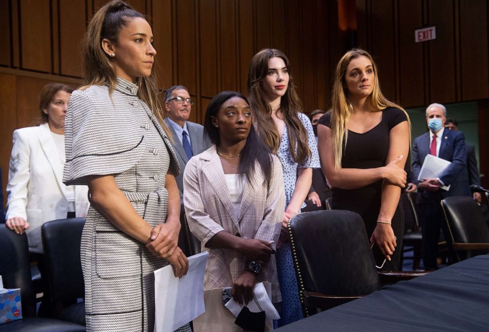 PHOTO: Olympic gymnasts Aly Raisman, Simone Biles, McKayla Maroney and NCAA and world champion gymnast Maggie Nichols leave after testifying during a Senate Judiciary hearing.