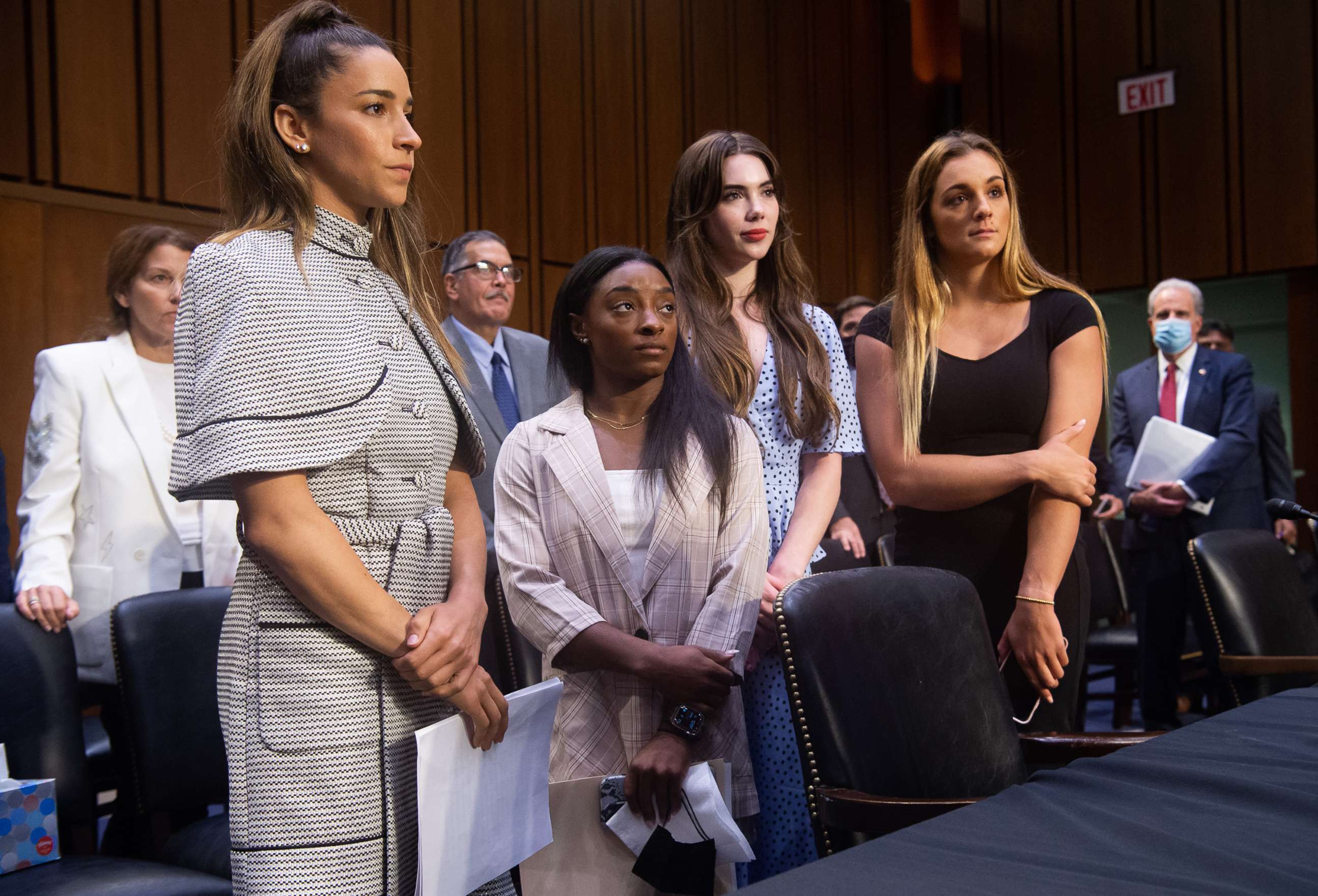PHOTO: Olympic gymnasts leave after testifying during a Senate Judiciary hearing about the Inspector General's report on the FBI handling of the Larry Nassar investigation of sexual abuse of U.S. gymnasts, on Capitol Hill, Sept. 15, 2021.