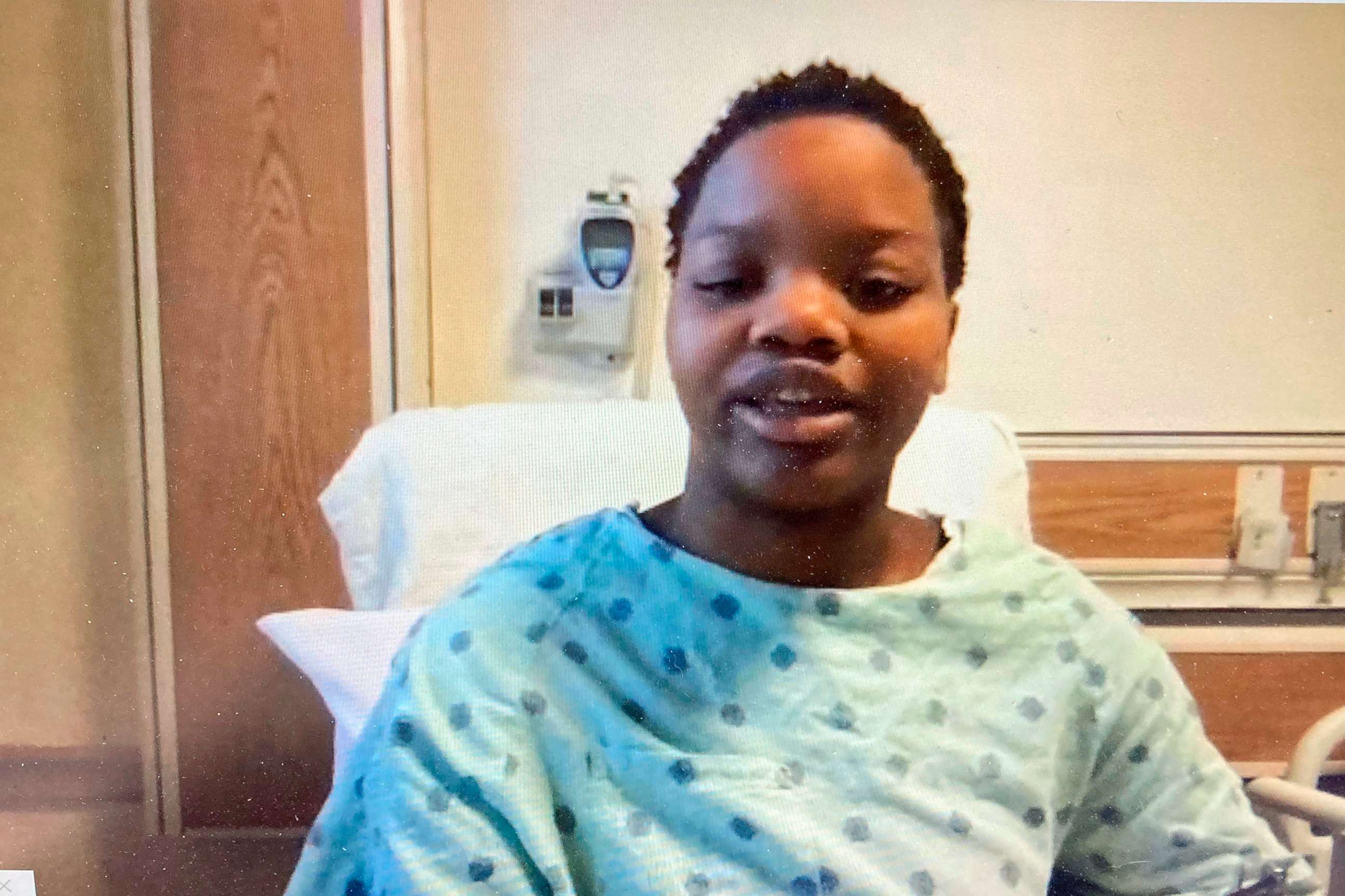 PHOTO: In this image taken from a video screen, Tafara Williams speaks to reporters from her hospital bed during a Zoom call, Oct. 27, 2020, in Libertyville, Ill.
