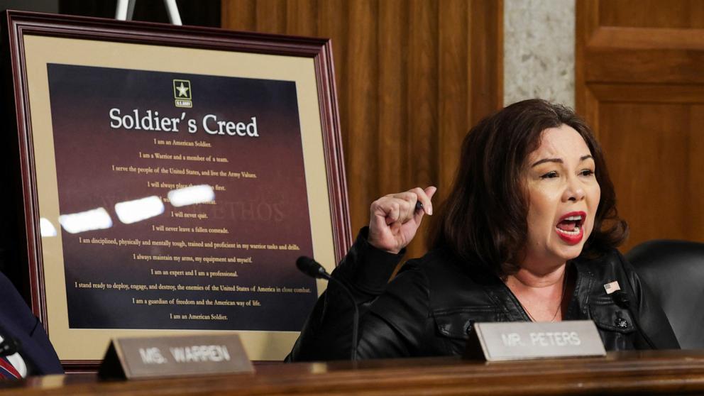 PHOTO: Sen. Tammy Duckworth speaks as Pete Hegseth, President-elect Donald Trump's nominee to be secretary of defense, testifies before a Senate Committee on Armed Services confirmation hearing in Washington, Jan. 14, 2025. 