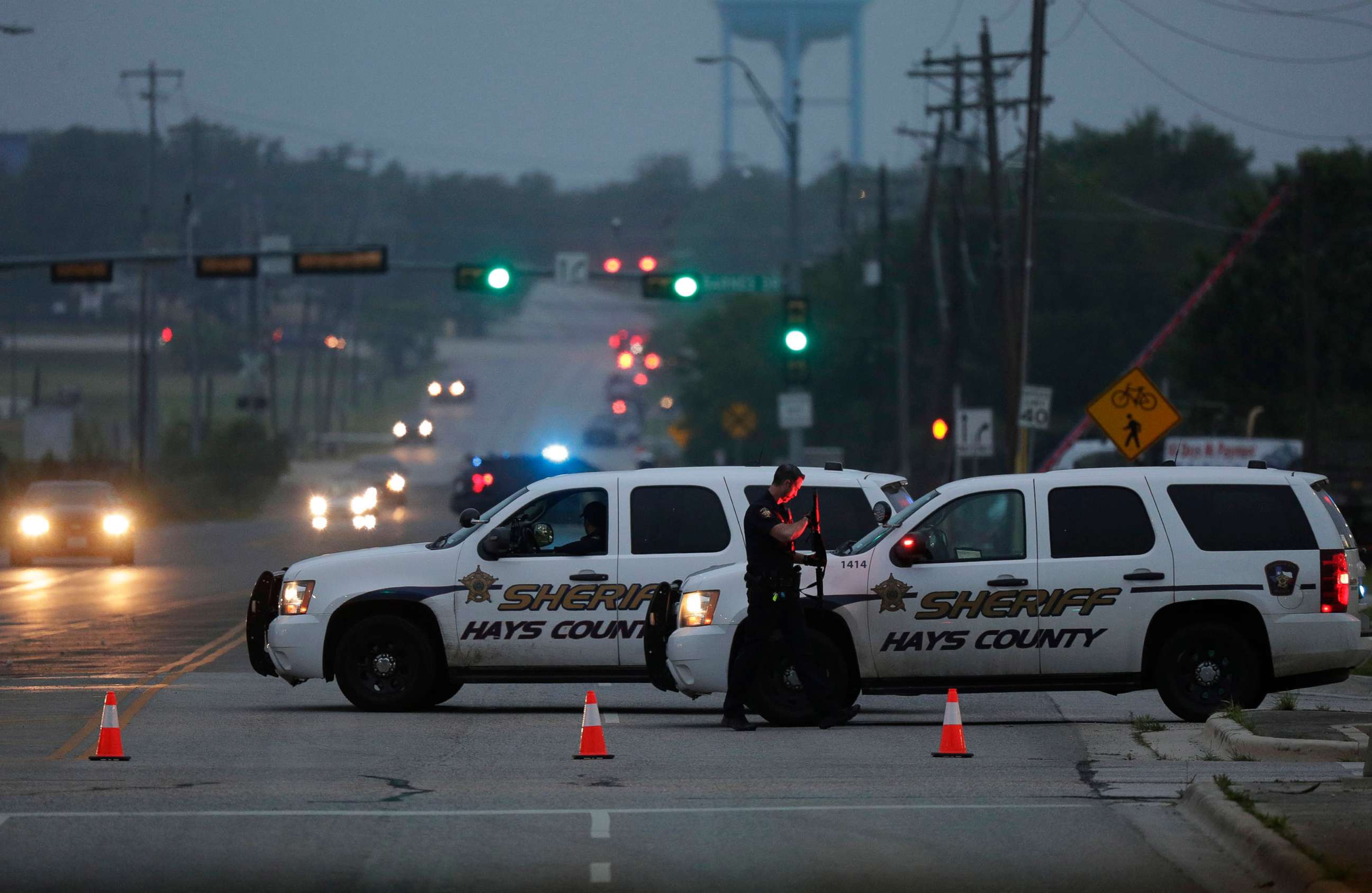 PHOTO: Police block off the scene after a police officer was fatally shot Saturday, April 18, 2020, in San Marcos, Texas. 