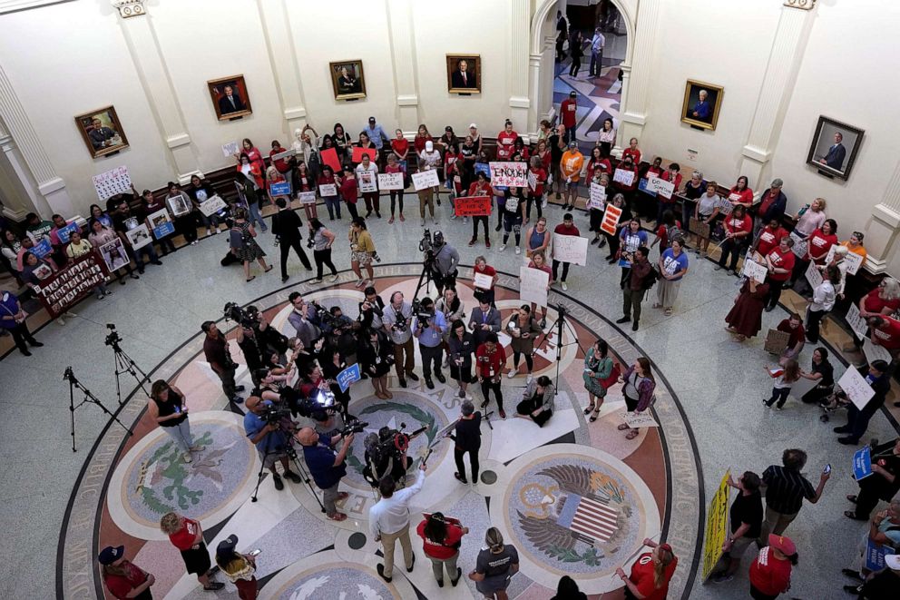PHOTO: Protesters gather at the Texas State Capitol in Austin, Texas, May 8, 2023, to call for tighter regulations on gun sales.