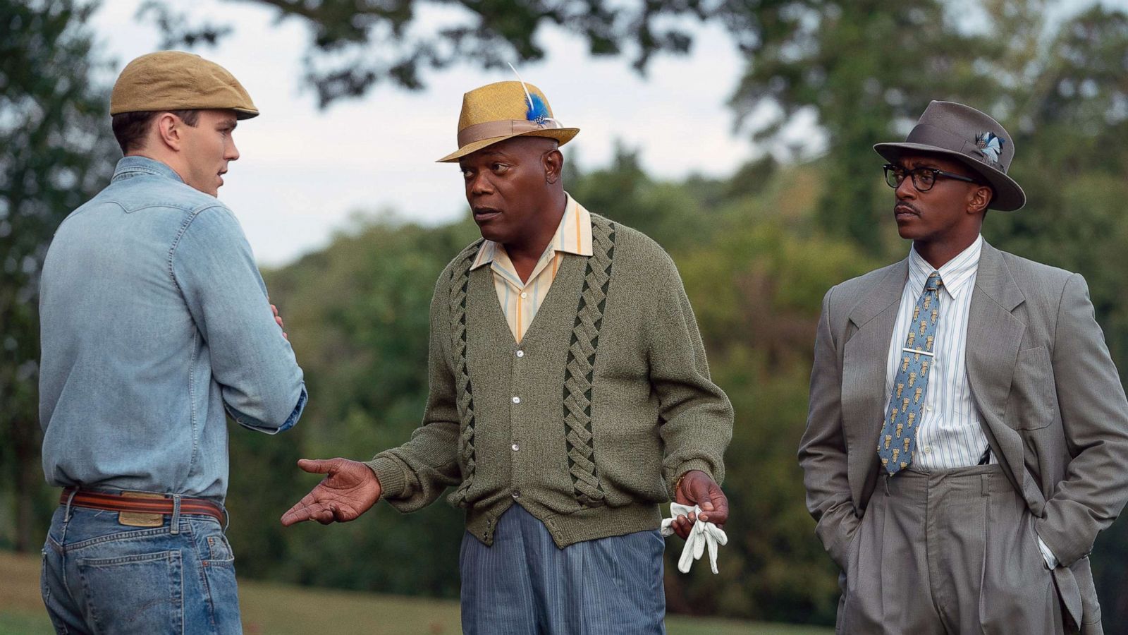 PHOTO: Nicholas Hoult, Samuel L. Jackson and Anthony Mackie in a scene from "The Banker."