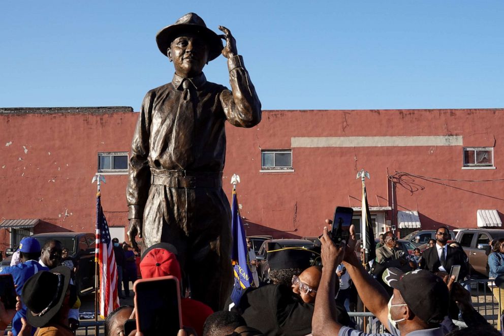 PHOTO:  A statue of Emmett Till is unveiled on October 21, 2022 in Greenwood, Mississippi.      (Photo by Scott Olson/Getty Images)