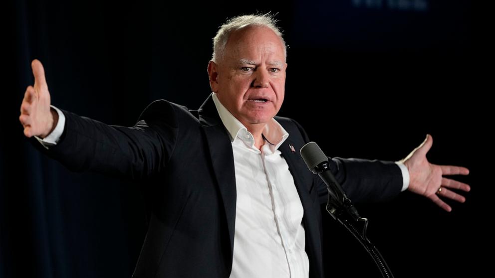 PHOTO: Democratic vice presidential nominee Minnesota Gov. Tim Walz speaks at a campaign stop, Nov 4, 2024, in LaCrosse, Wis.
