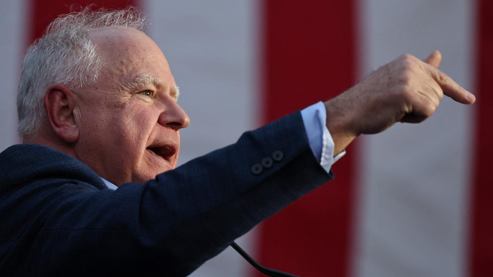 PHOTO: Democratic vice presidential nominee and Minnesota Gov. Tim Walz speaks during a campaign rally at Tucson High Magnet School on Nov. 2, 2024 in Tucson, Arizona.