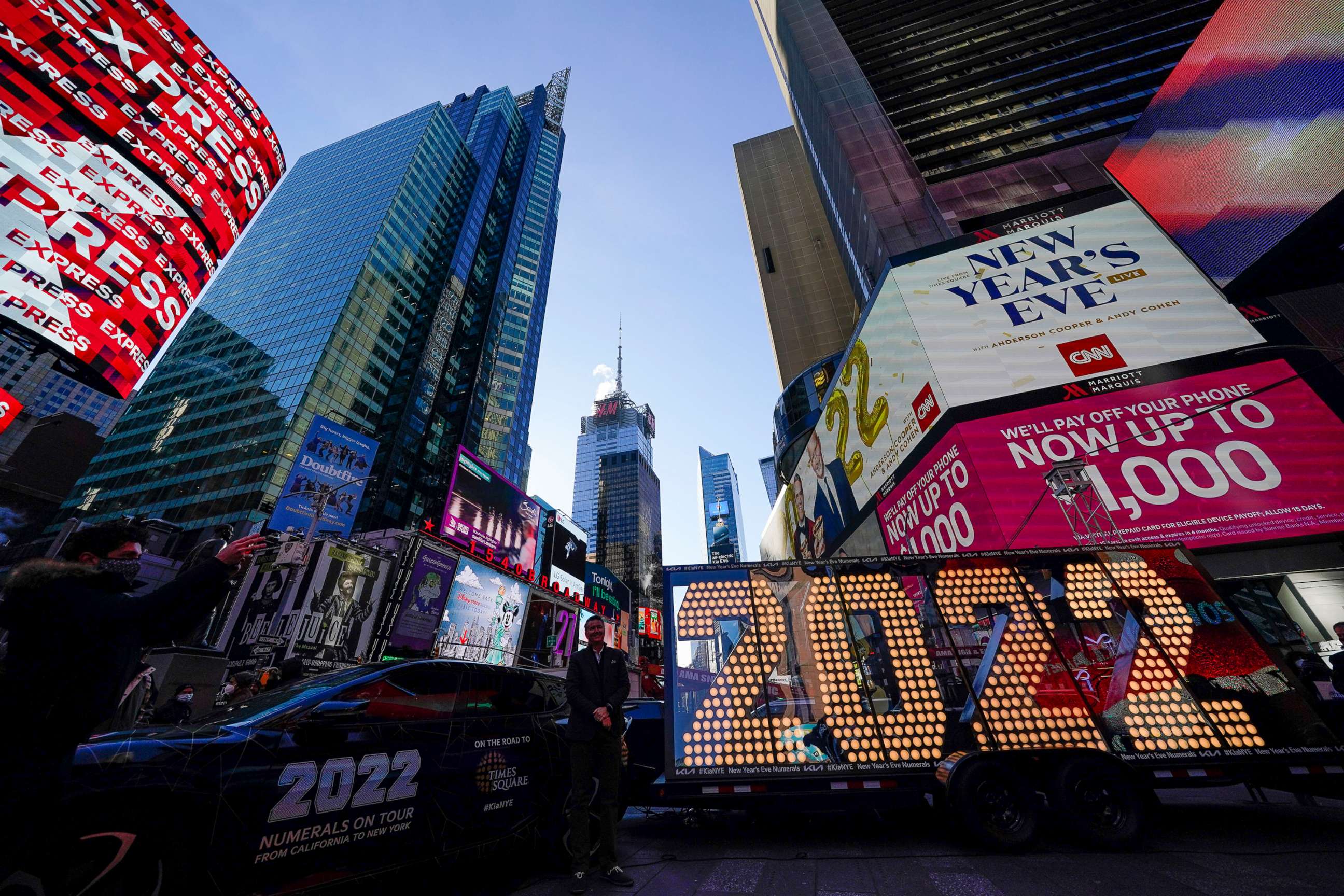 PHOTO: The 2022 sign that will be lit on top of a building on New Year's Eve is displayed in Times Square, New York, Dec. 20, 2021. 