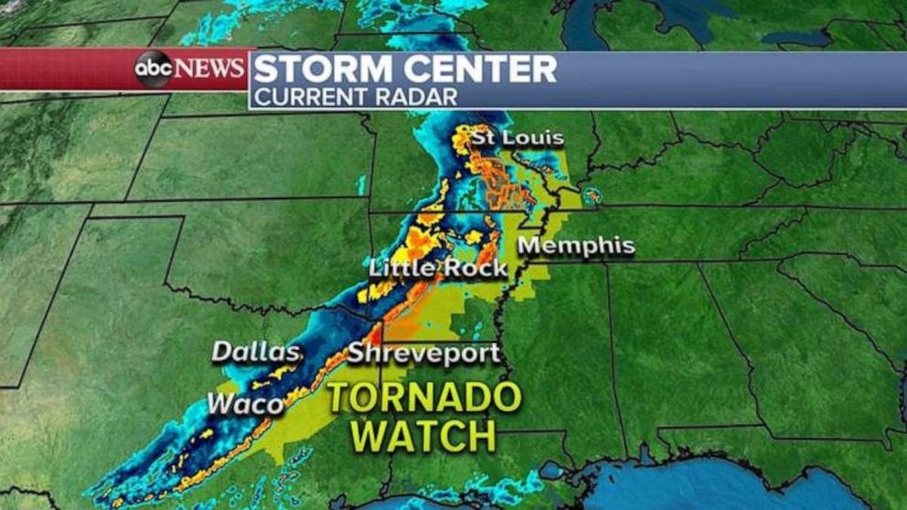 PHOTO: This morning a tornado watch continues to be in effect for a huge part of the heartland from southern Illinois to eastern Texas.