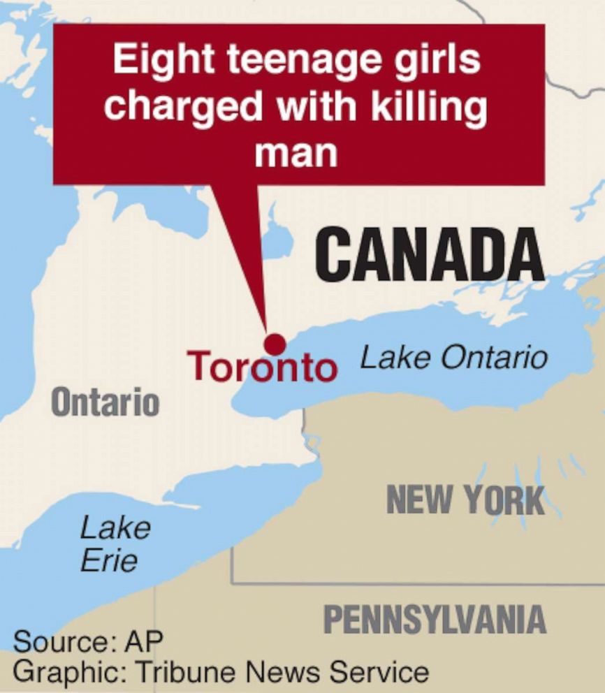 Image: Map locating Toronto, Canada where 8 teens kill a man