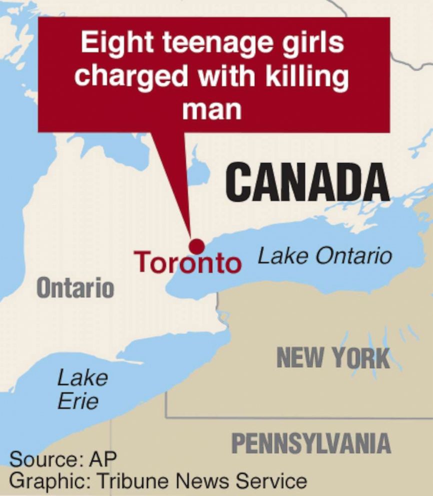 Imagem: Mapa localizando Toronto, Canadá, onde 8 adolescentes matam um homem