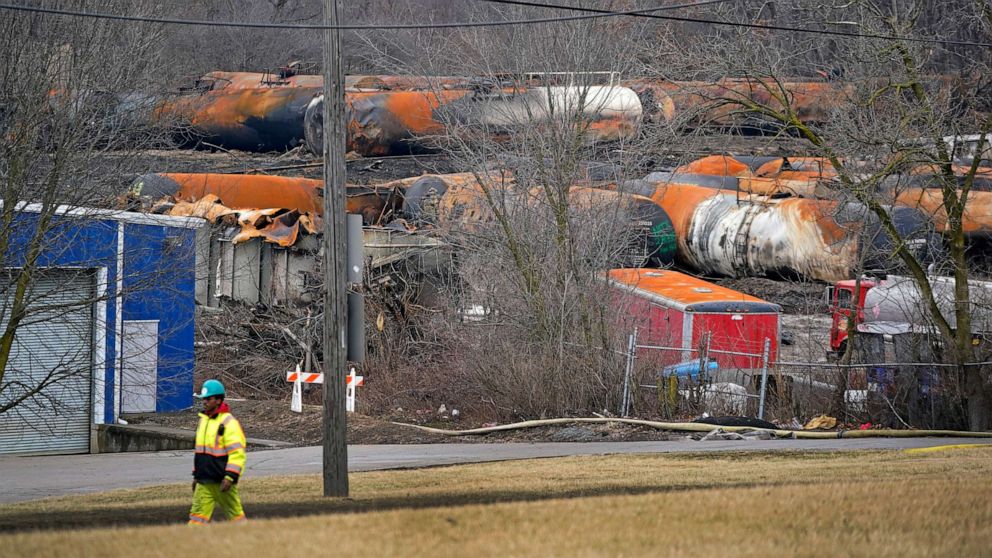 PHOTO: The cleanup of portions of a Norfolk Southern freight train that derailed Friday night in East Palestine, Ohio, continues, Feb. 9, 2023.